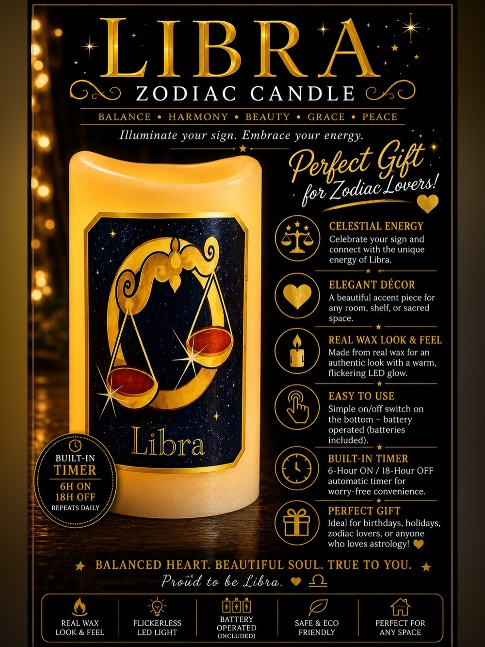 NWT. Libra ♎️ Zodiac Flameless Battery Operated Candle with Timer - Picture 1 of 6
